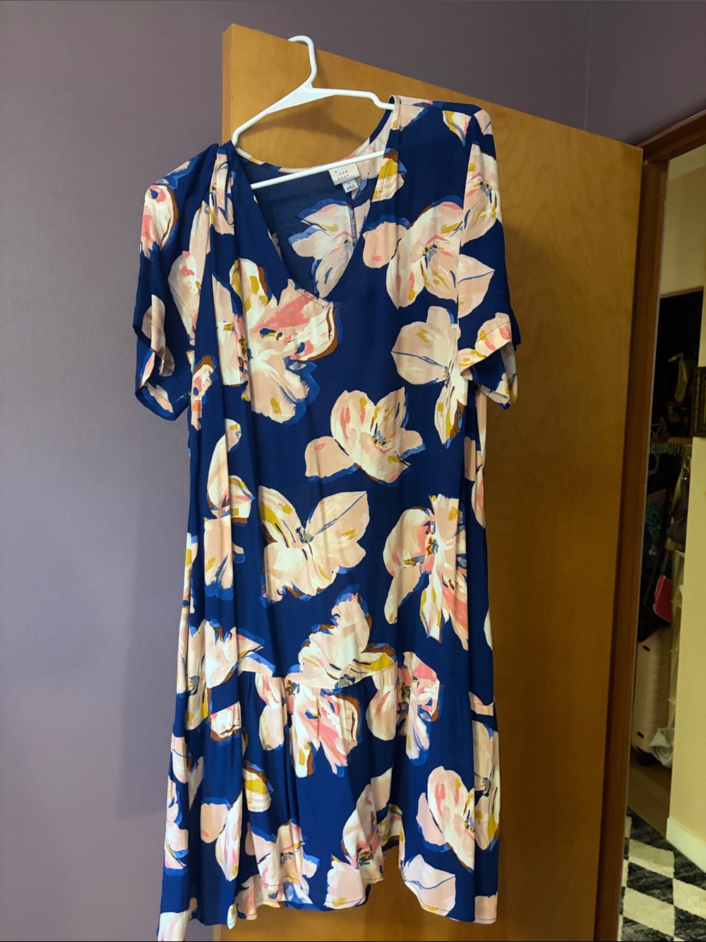 Navy Floral V-Neck Mini Dress with Pink & Cream Blooms-A New Day